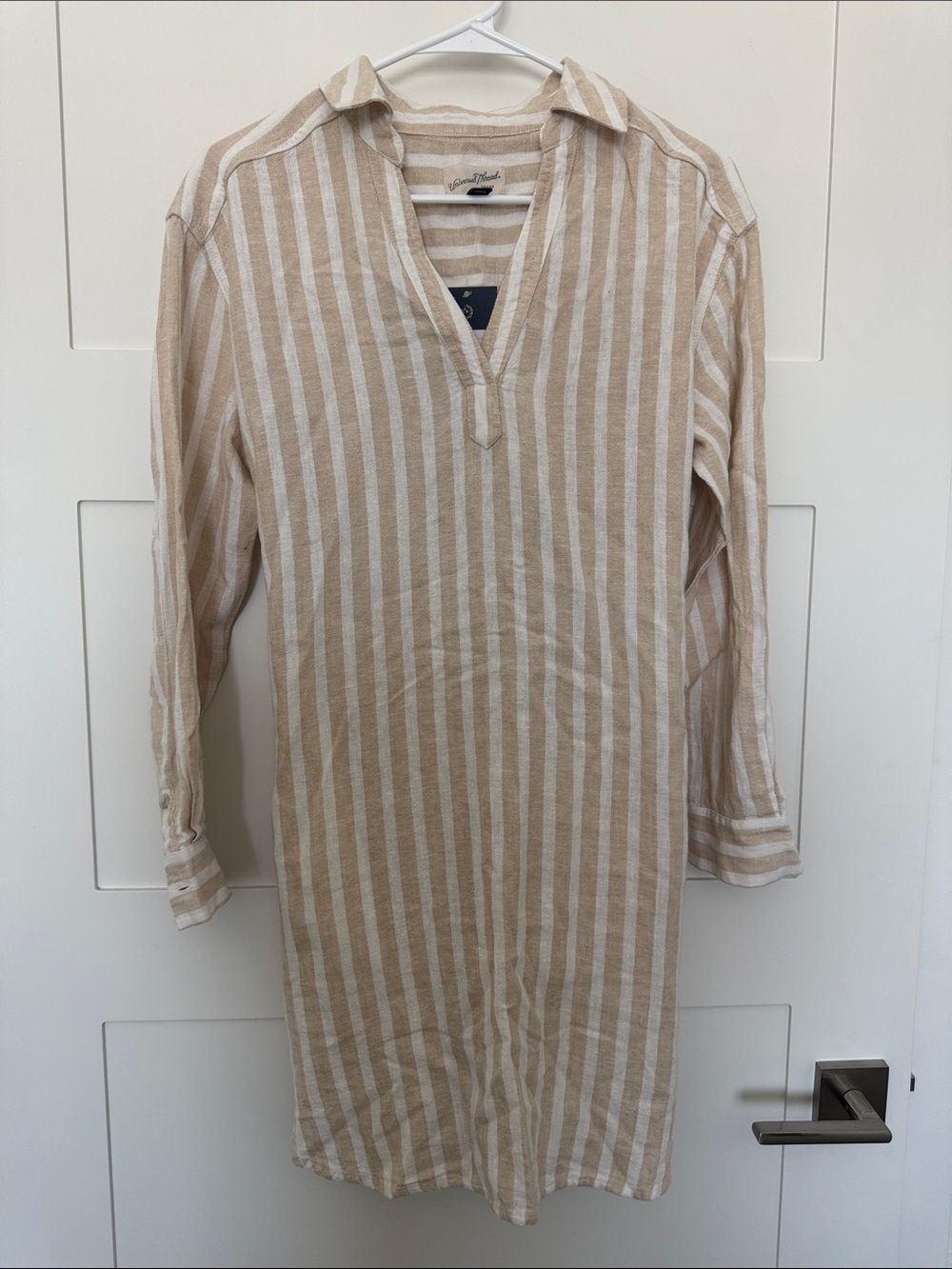 Beige & White Stripe Linen Shirt - Casual Long Sleeve beach cover